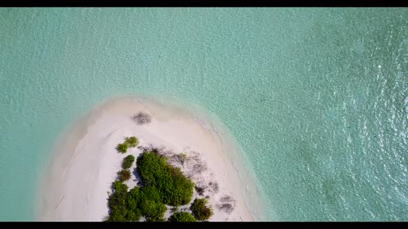 Aerial flying over nature of idyllic resort beach lifestyle by blue green sea and white sandy backgr alt