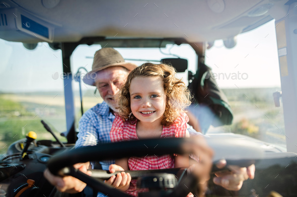 Senior farmer with small granddaughter sitting in tractor, driving