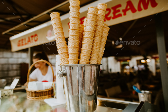 ice cream waafle cornets in ice cream shop in Italy