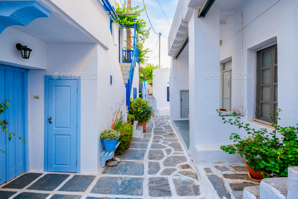 Picturesque Naousa town street on Paros island, Greece - Stock Photo - Images
