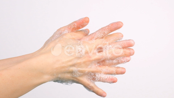 Caucasian woman washing her hands isolated on white background, video series alt