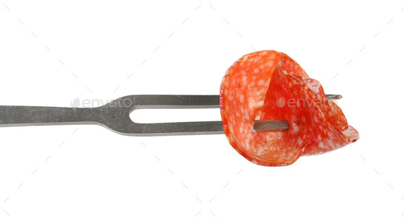 Thin salami slice on fork