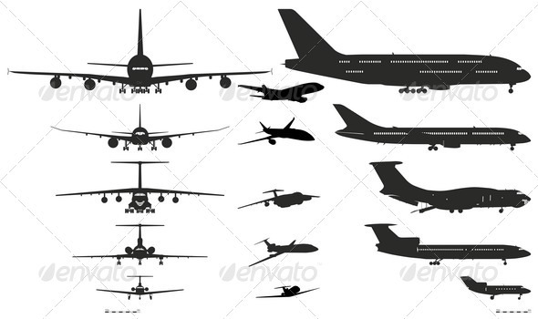 Airplanes Silhouettes Set. - Man-made Objects Objects