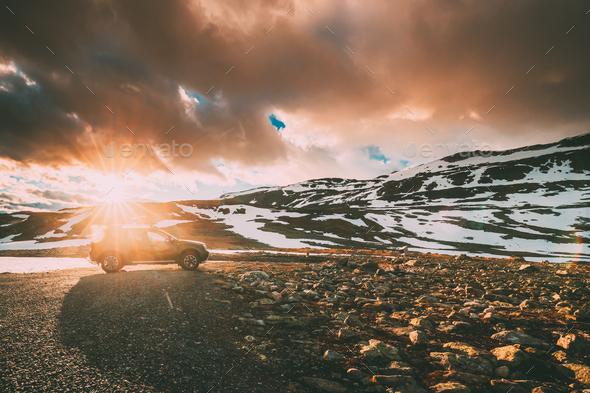 Aurlandsfjellet, Norway. Car SUV Parked Near Aurlandsfjellet Scenic Route Road In Summer Norwegian - Stock Photo - Images