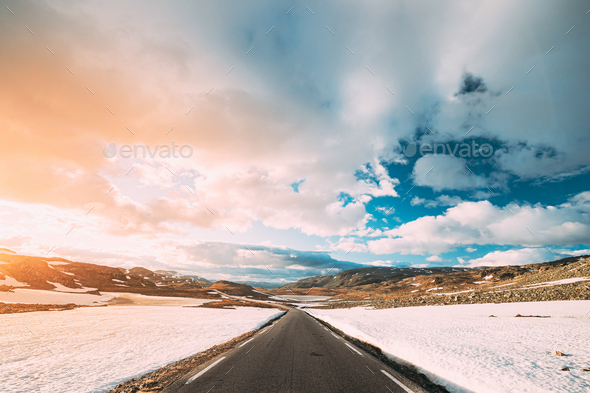 Aurlandsfjellet, Norway. Open Road Aurlandsfjellet. Scenic Route Road In Summer Norwegian Landscape - Stock Photo - Images