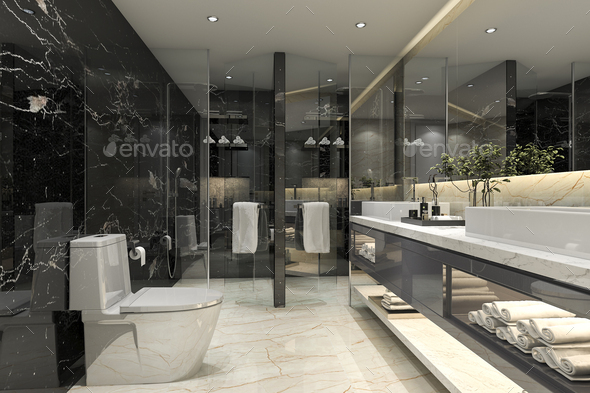 3d Rendering Modern Black Bathroom With, Black Bathroom Tiles Design