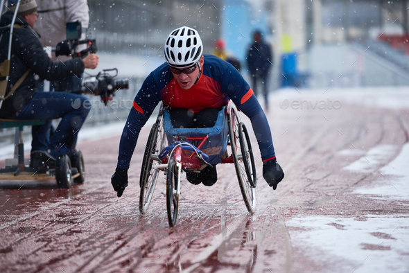 Male athlete with disability participating in wheelchair racing competition