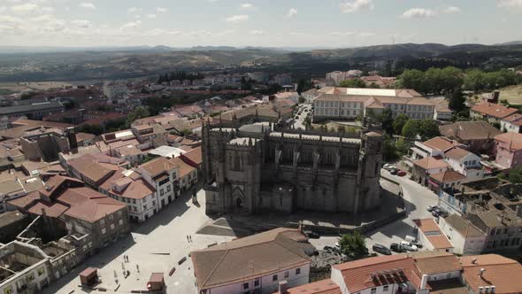 Aerial pan of the Guarda Cathedral in Portugal