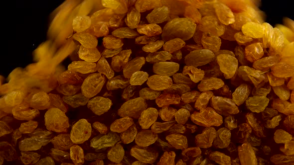 Dried raisins are pouring on a black background. alt