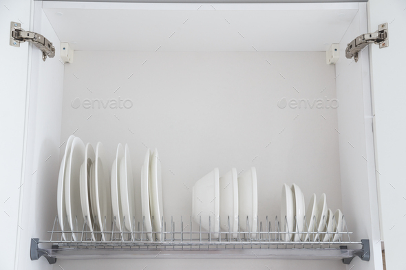 Dish Drying Metal Rack With Big Nice White Clean Kitchenware Traditional Wall Cabinet Kitchen Stock Photo By Vladdeep - Dish Rack Wall Cabinet