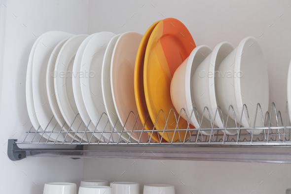 Dish Drying Metal Rack With Big Nice White Clean Kitchenware Traditional Wall Cabinet Kitchen Stock Photo By Vladdeep - Dish Rack Wall Cabinet