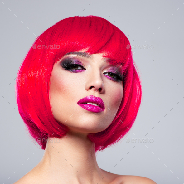 Beautiful young fashion woman with pink lipstick. Glamour fashion model with bright make-up - Stock Photo - Images