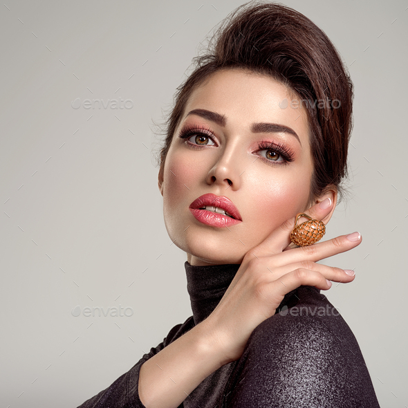Beautiful young fashion woman with living coral lipstick. - Stock Photo - Images