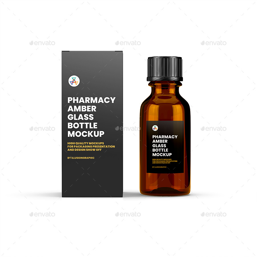 Download Pharmacy Amber Glass Bottle With Box Mockup By Illusiongraphic Graphicriver