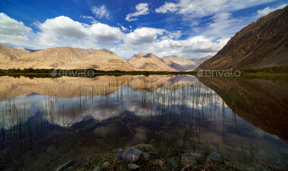Reflections of the mountains in a natural pond, Nubra Valley , Jammu and  Kashmir, India Stock Photo by lkunl