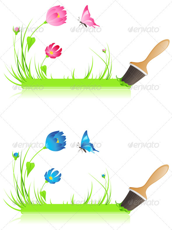 Green Banner with Paintbrush and Flowers - Flowers & Plants Nature