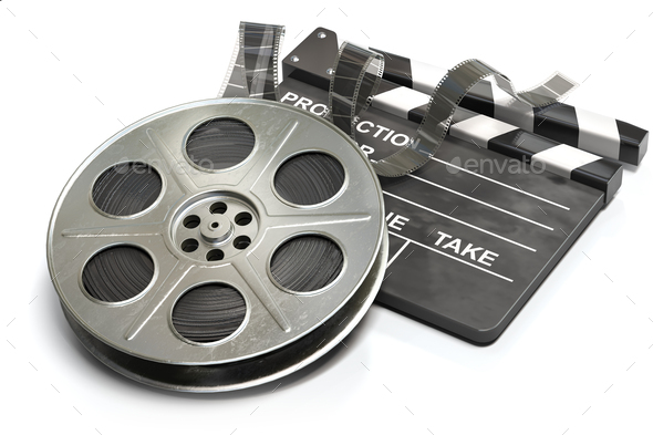 Film reel with clapper board. Video, movie and cinema production