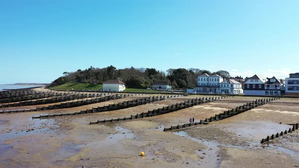 An Aerial View of an Empty Sandy Beach. Pandemic Quarantine. Whitstable, Kent, UK