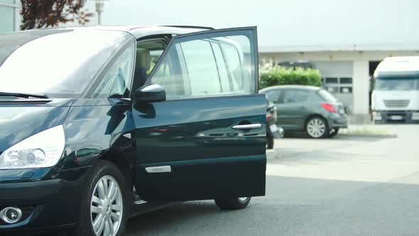 Businessman getting out of minivan alt