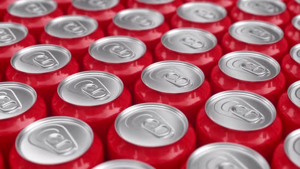 Many Red Aluminum Metal Soda Cans, Tin Can Coke Production Concept. 3d Animation Render alt