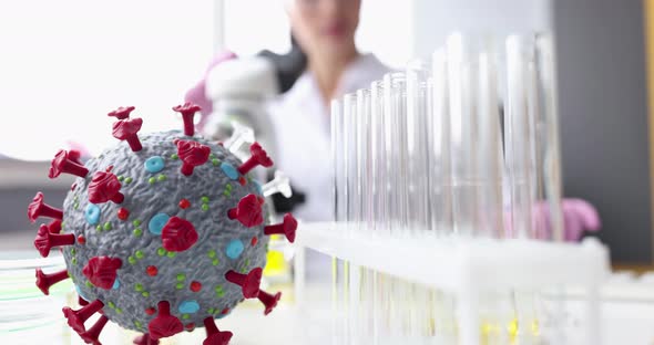 Artificial Model of Coronavirus Lying on Table in Front of Female Chemist with Microscope Movie Slow alt