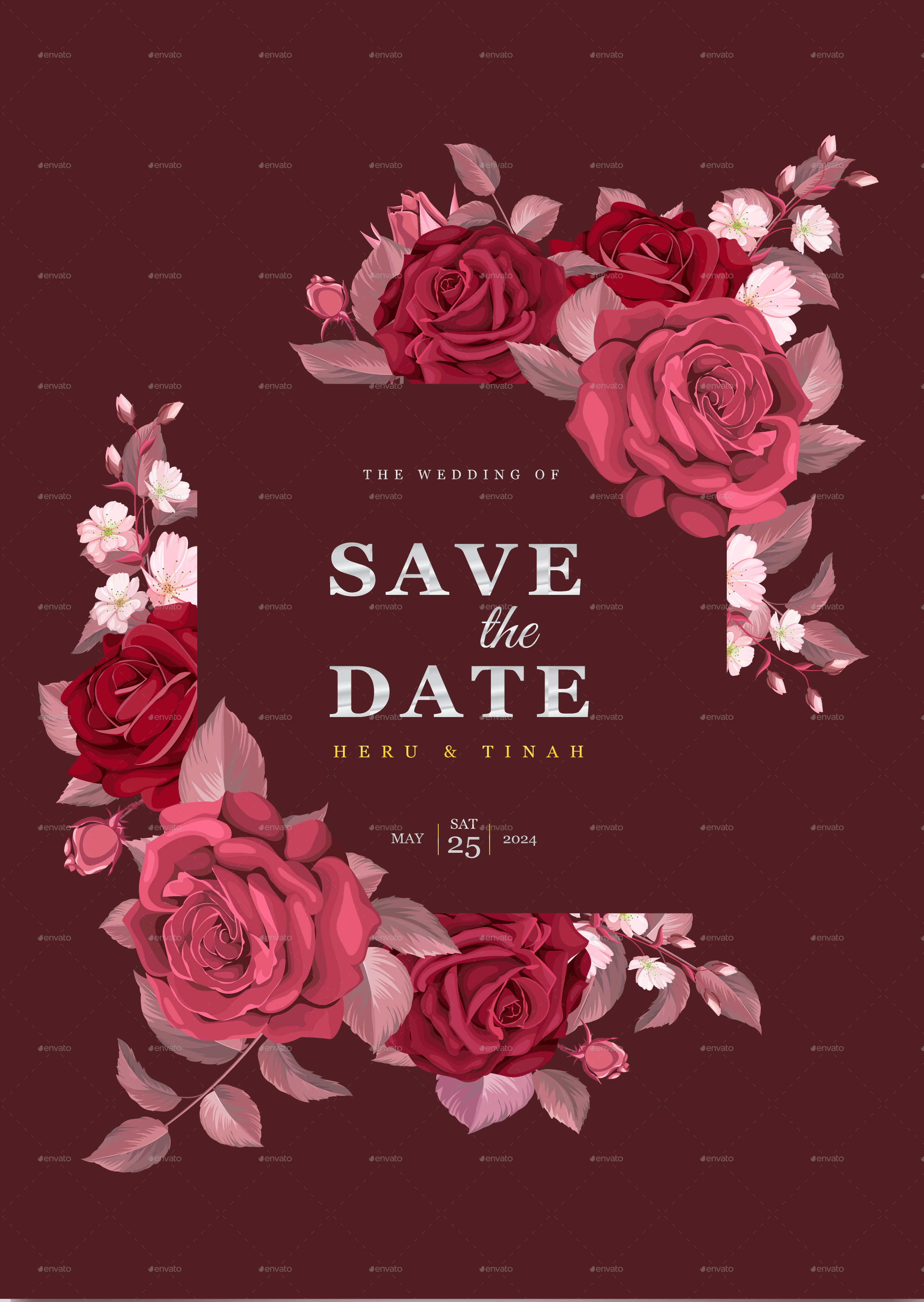 Wedding Invitation Template with Maroon Floral and Leaves by volcebyyou