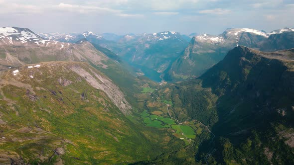 Panorama of Geirangerfjord and mountains, Dalsnibba viewpoint, Norway