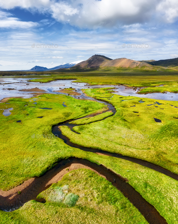 River On The Field Landscape From The Air In Iceland Stock Photo By Biletskiy