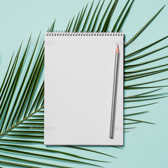 Blank paper notebook and female hands with pencil Stock Photo by Fasci