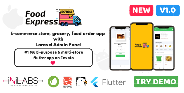 Food Express : E-commerce store, grocery, medicine, food order app with Laravel Admin Panel