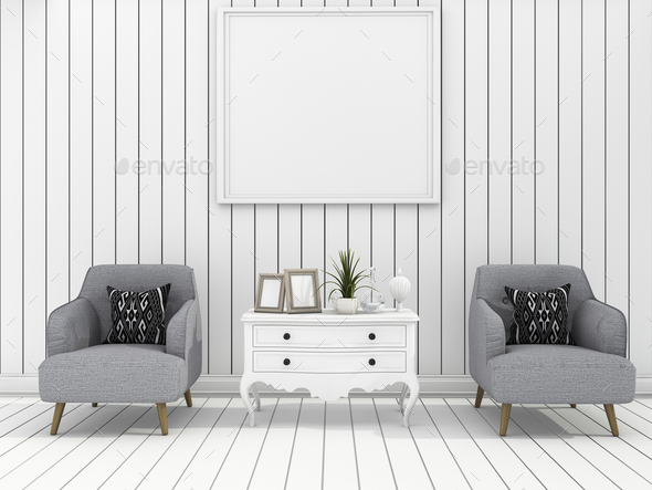 3d rendering white modern wall living room with soft armchair Stock