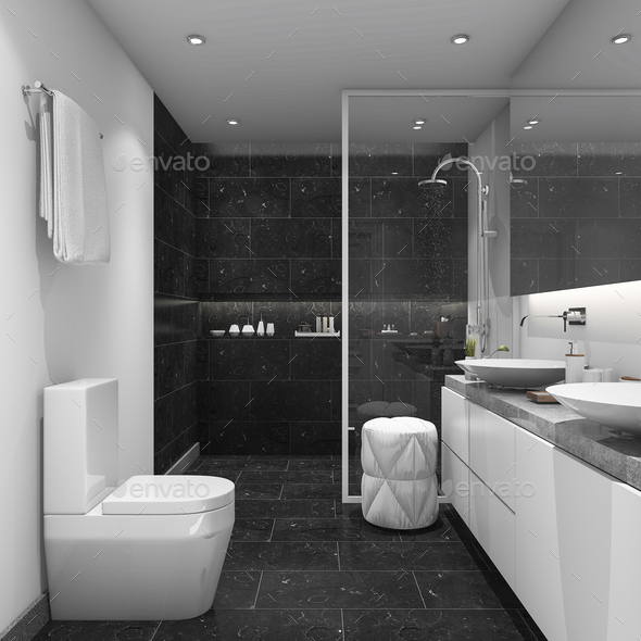3d Rendering Black Minimal Modern Style, Modern Style Bathroom