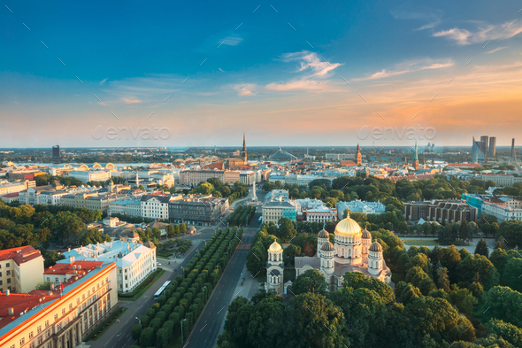Riga, Latvia. Riga Cityscape. Top View Of Buildings Ministry Of Justice, Supreme Court, Cabinet Of