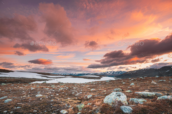 Aurlandsfjellet, Norway. Summer Norwegian Scenic Landscape Near Aurlandsfjellet Road. Scenic Route - Stock Photo - Images