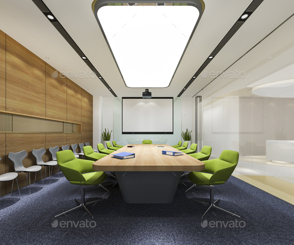 3d Rendering Business Meeting Room On High Rise Office Building With Green Chair Stock Photo By Dit