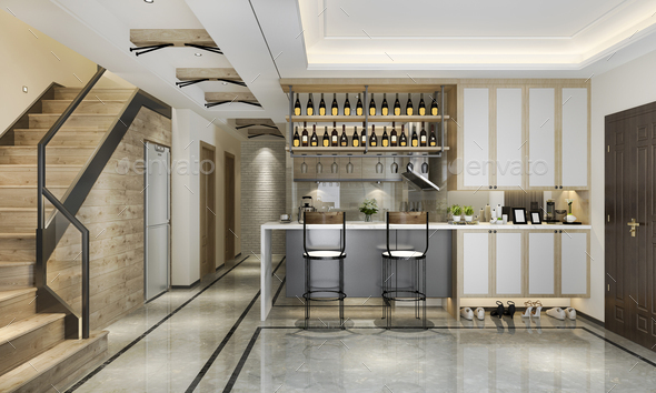 3d rendering scandinavian loft modern kitchen with dining area near stair