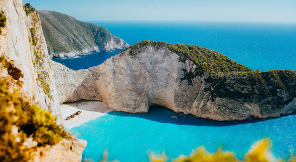 Panoramic view of Navagio beach, Zakynthos island, Greece. Shipwreck bay with turquoise water and - Stock Photo - Images