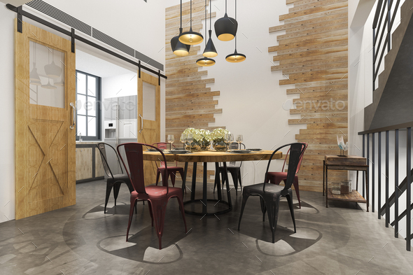 3d rendering scandinavian vintage modern kitchen with loft dining set area