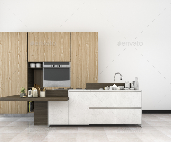3d rendering white minimal mock up kitchen with wood decoration