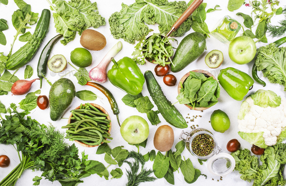 Variety of green vegetables and fruits. Healthy food clean eating Stock  Photo by 5PH