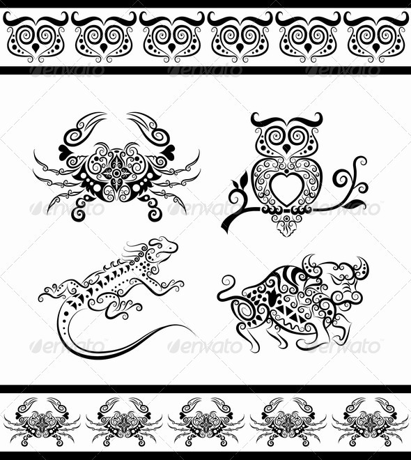 Animal ornaments (owl, crab, bull, iguana)