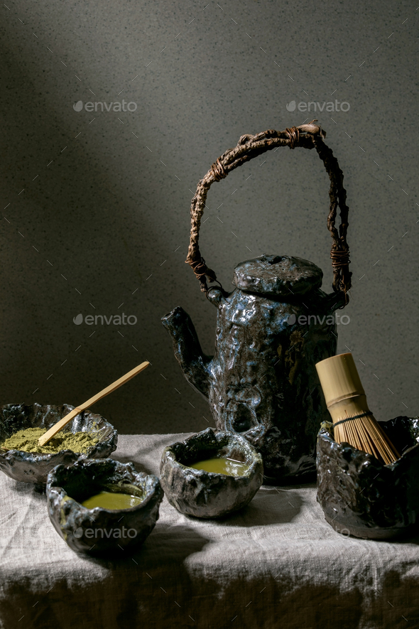 Japanese matcha tea . Still life with matcha green tea, whisk and matcha  powder.Japanese tea ceremony: Preparation of Matcha, Stock image