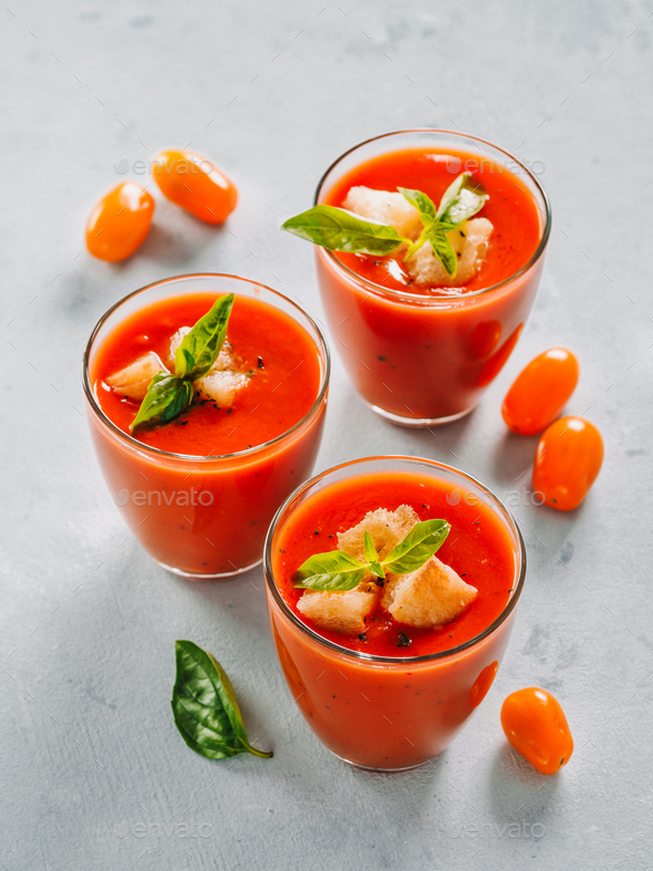 Gaspacho soup in glass, vertical