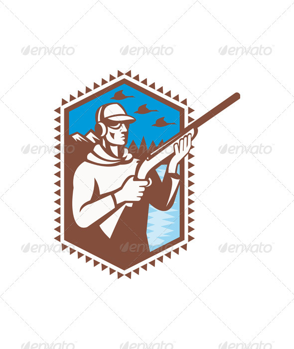 Hunter With Shotgun Rifle Duck Shooting Retro