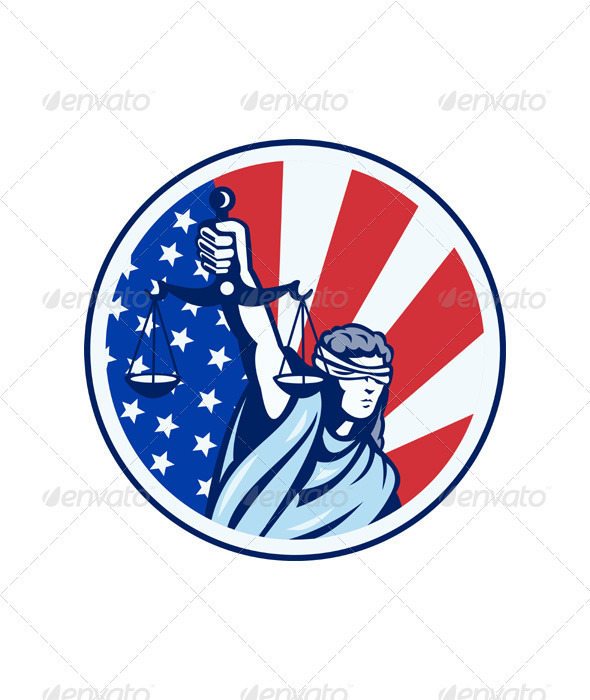 American Lady Holding Scales of Justice Flag retro - People Characters