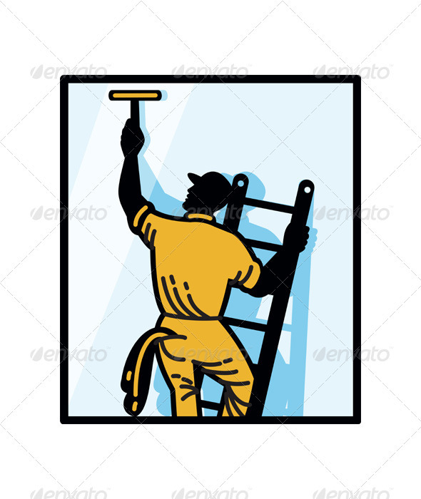 Window Cleaner Worker Cleaning Ladder Retro - People Characters