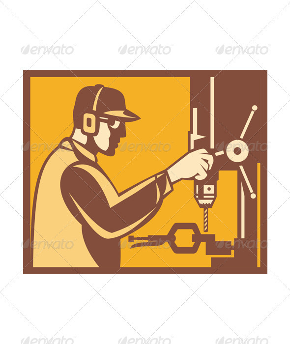 Factory Worker Operator With Drill Press Retro - Industries Business