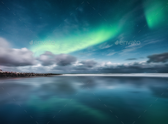 Northern lights on Lofoten islands, Norway. Winter landscape - Stock Photo - Images