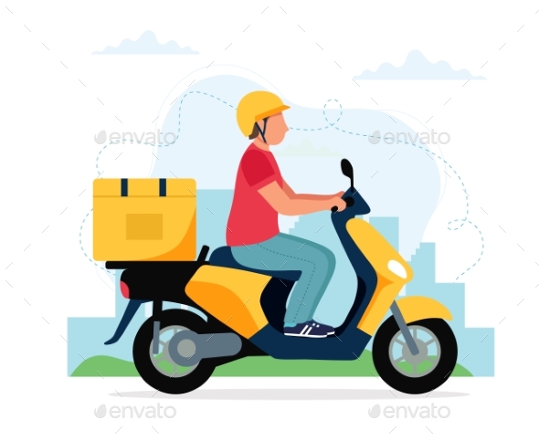Scooter Delivery Service Concept, Male Courier, Vectors GraphicRiver
