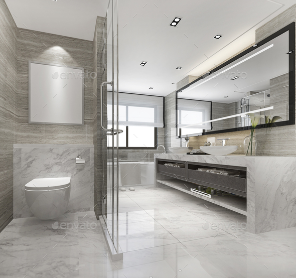 3d Rendering Modern Bathroom With, Contemporary Bathroom Tile